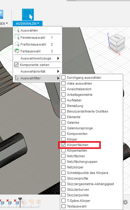 Einstellen des Auswahlfilters in Fusion 360.