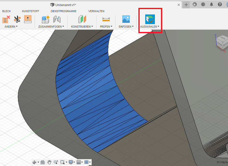 Selektieren der Flächen in der Umgebung "Fläche". Es wird das Selektionswerkzeug Pinsel genutzt.