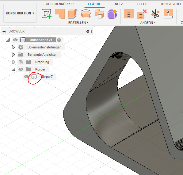 Fertig geheftete Flächen in Fusion 360. Aus zwei Flächenkörpern wurde ein Volumenkörper erzeugt.