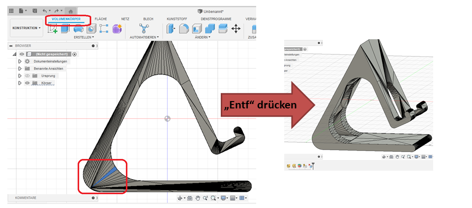 Bereinigen der Oberflächen in Fusion 360. In der Umgebung "Volumenkörper" eine Fläche anwählen und durch drücken der "Entf"-Taste diese löschen. Dadurch werden auch andere Flächen gelöscht und die Oberfläche so bereinigt.