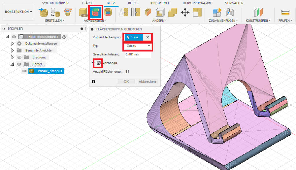 Als Vorbereitung für die Umwandlung in einen Volumenkörper müssen noch Flächengruppen erzeugt werden. Dies kannst du in Fusion 360 in der Netzumgebung unter der Rubrik "Vorbereiten" mit dem Befehl "Flächengruppen generieren" realisieren.