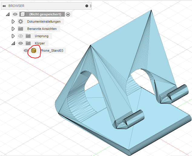 Importierte STL- Beispieldatei in Fusion 360. Es ist im Browser unter dem Ordner "Körper" das Symbol eines Netzkörpers nach dem erfolgreichen Import zu sehen.