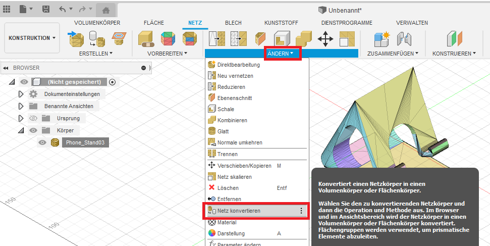 Durch den Befehl "Netz konvertieren" kann ein Netzkörper in einen Volumenkörper umgewandelt werden. Dieser Befehl ersetzt den in alten Fusion 360 Versionen den Befehl "Netz in BREP umwandeln".