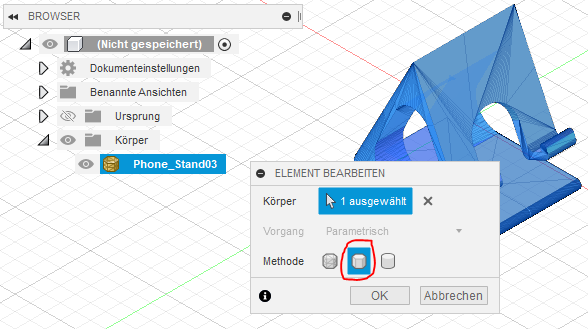 Auswahlmöglichkeiten bei der Erstellung des Volumenkörpers in Fusion 360.